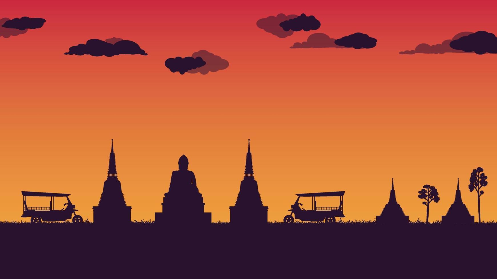 silhouet van tuk tuk traditionele taxi en pagode en tempel in thailand op gradiëntachtergrond vector