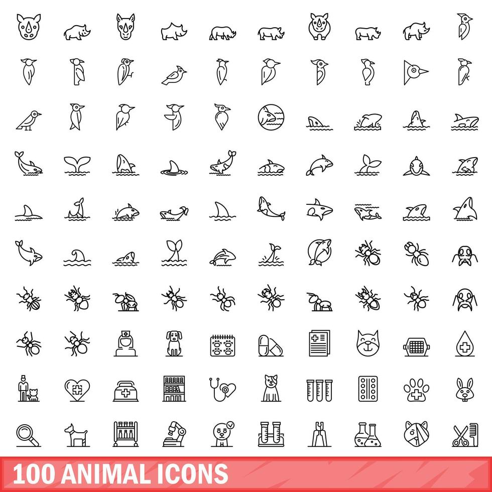 100 dieren iconen set, Kaderstijl vector