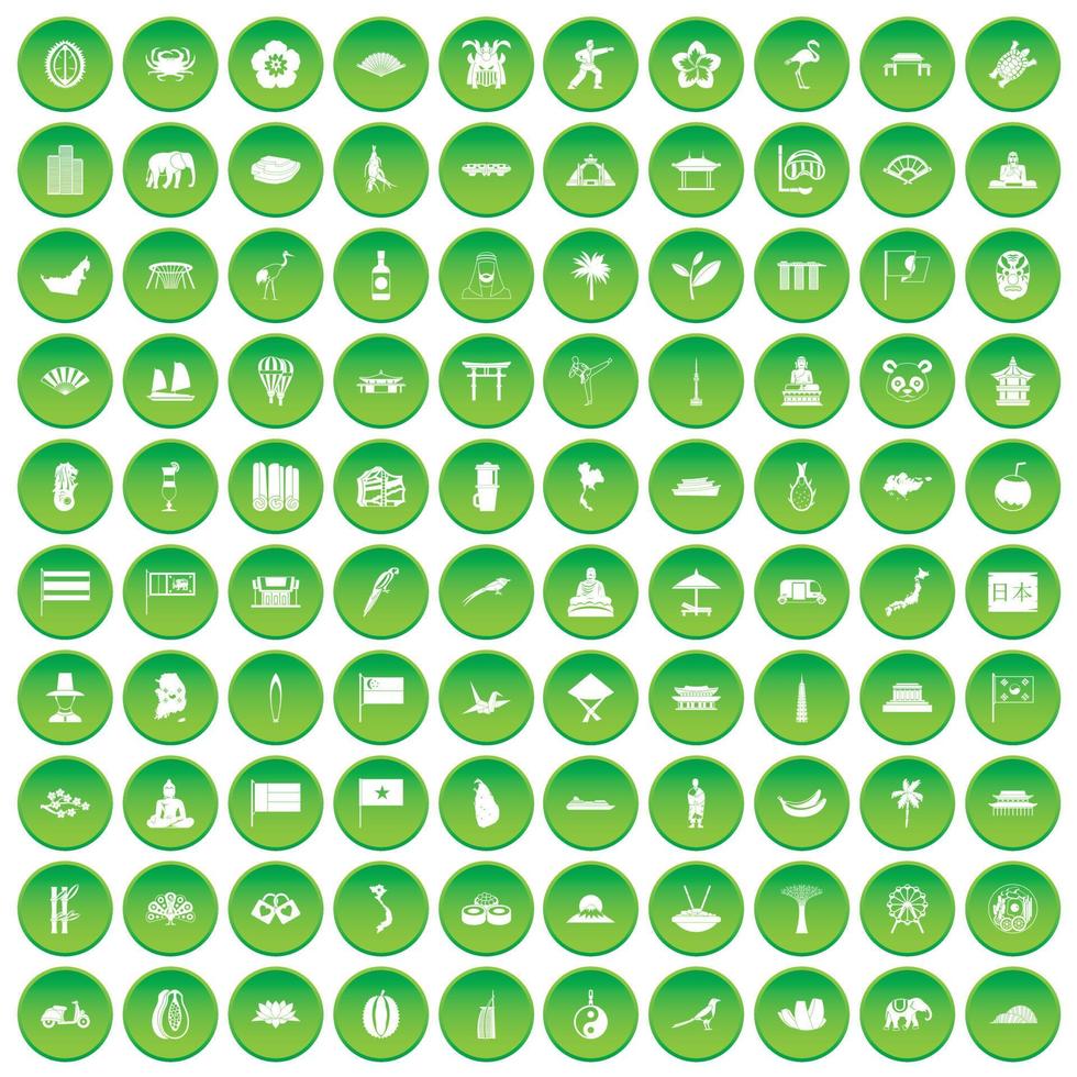 100 Aziatische pictogrammen instellen groene cirkel vector