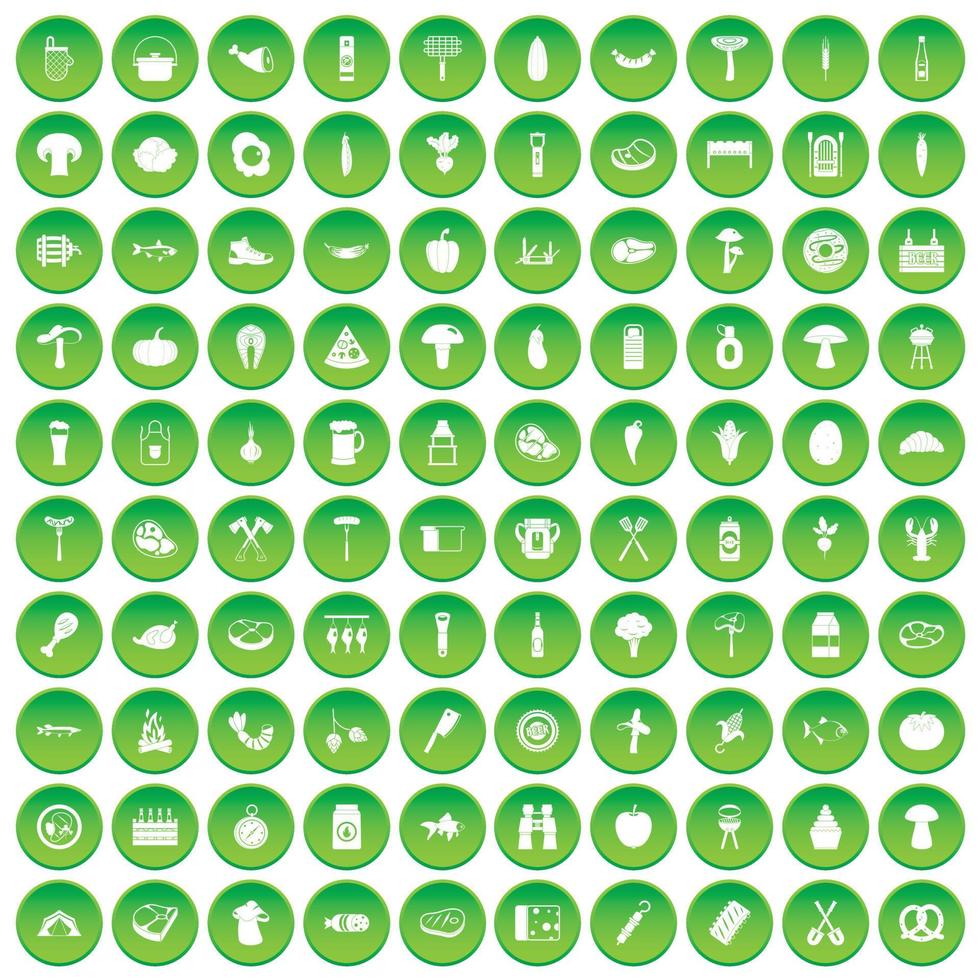 100 barbecuepictogrammen instellen groene cirkel vector