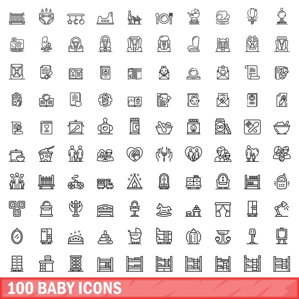 100 baby iconen set, Kaderstijl vector