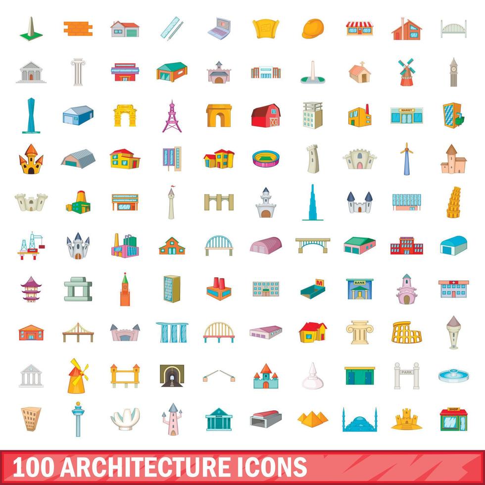 100 architectuur iconen set, cartoon stijl vector