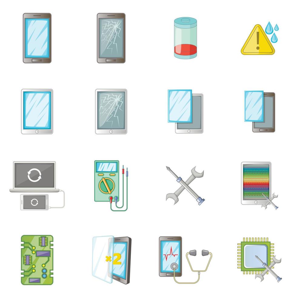 kapotte telefoons repareren iconen set, cartoon stijl vector