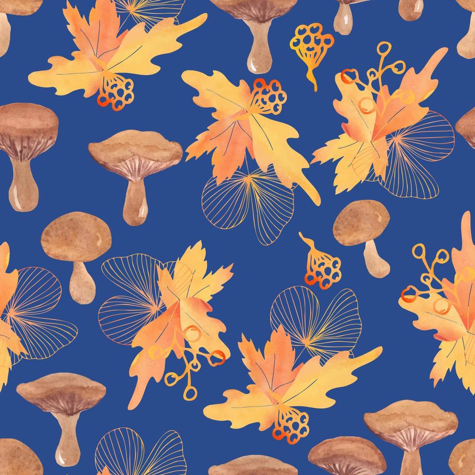 aquarel paddestoelen en herfstbladeren vector naadloze patroon