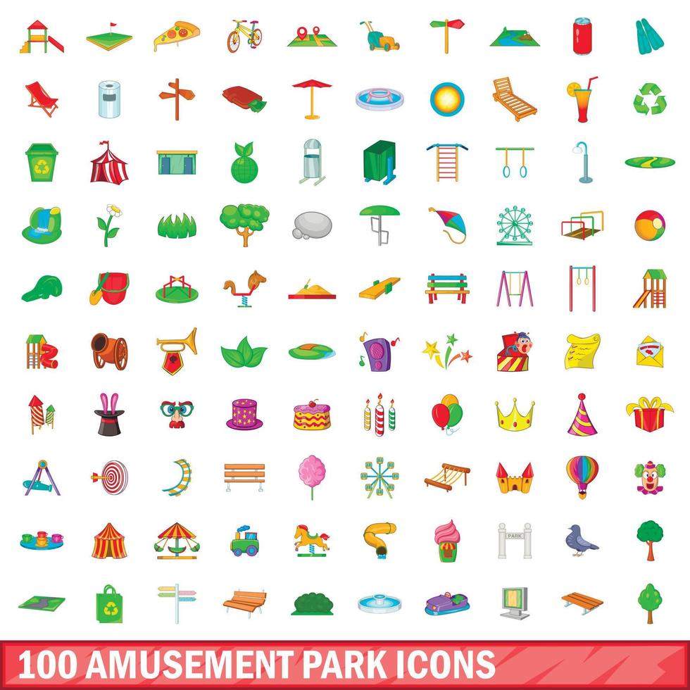 100 pretpark iconen set, cartoon stijl vector