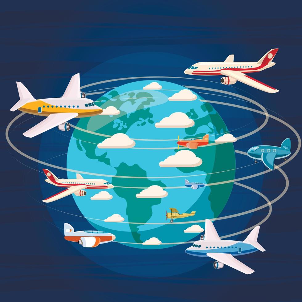 vliegtuigen over de hele wereld concept, cartoon stijl vector
