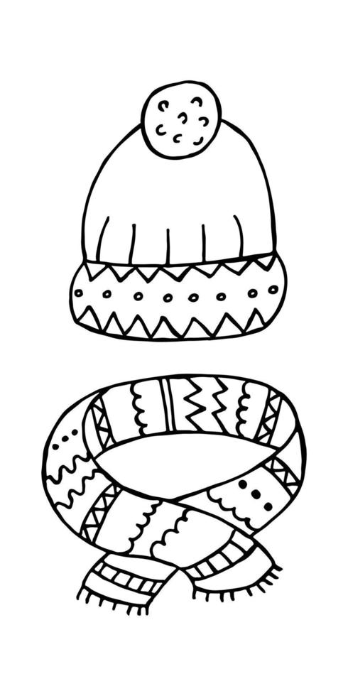 een set handgetekende winterkleding. vectorillustratie in doodle stijl. winterse stemming. hallo 2023. prettige kerstdagen en gelukkig nieuwjaar. zwarte muts en sjaal op een witte achtergrond. vector