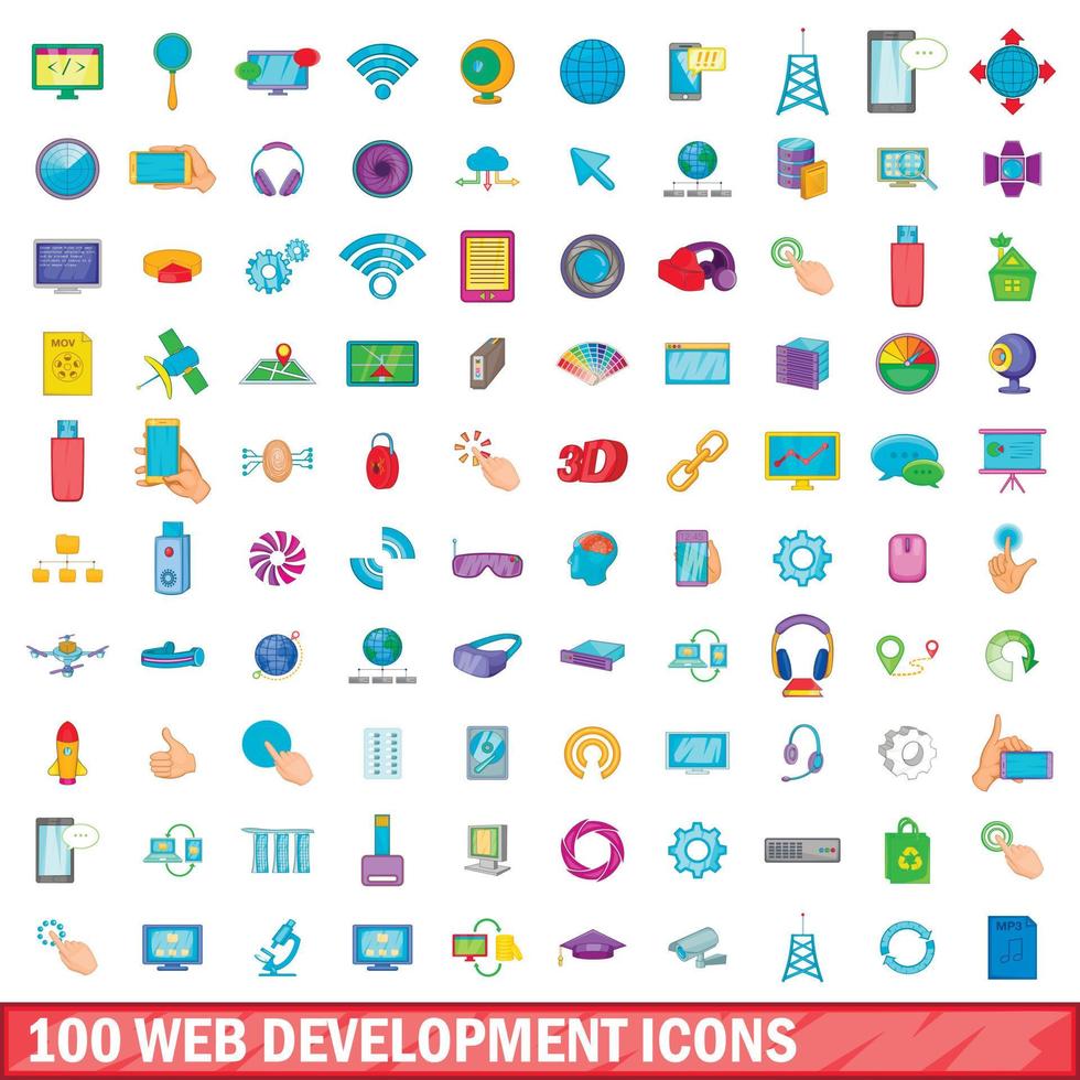 100 webontwikkeling iconen set, cartoon stijl vector