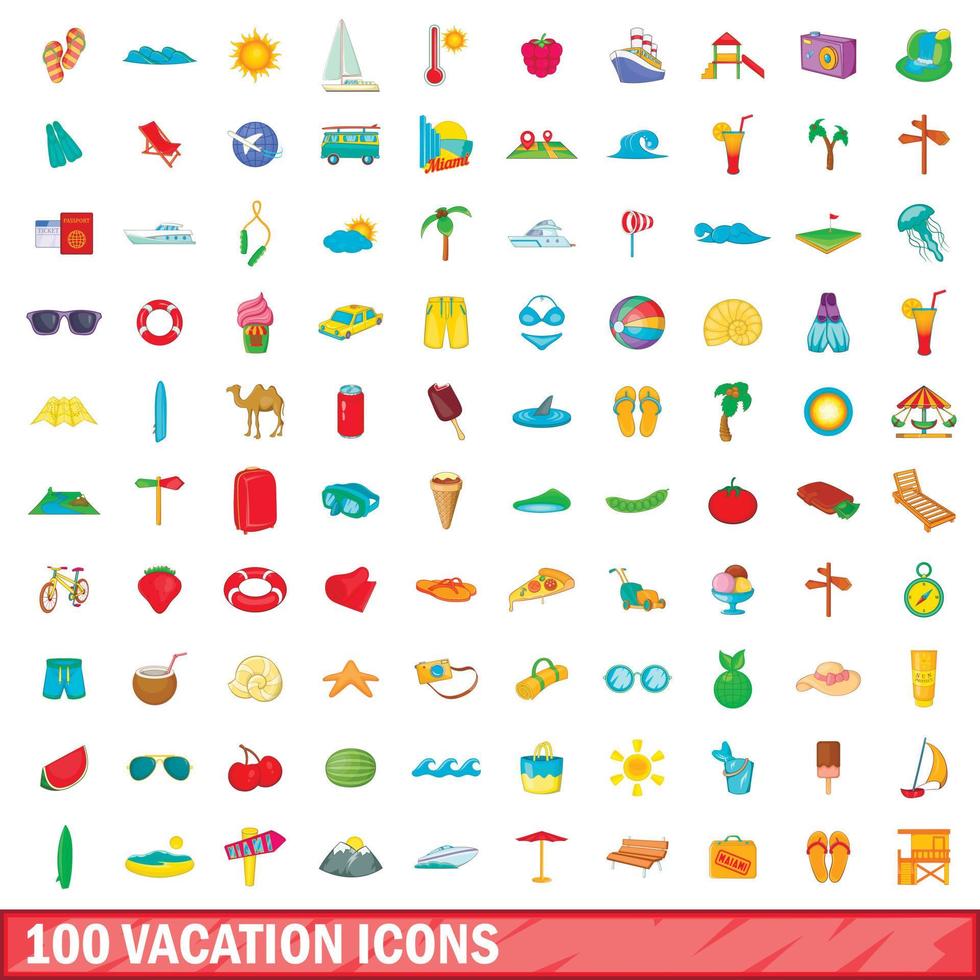 100 vakantie iconen set, cartoon stijl vector