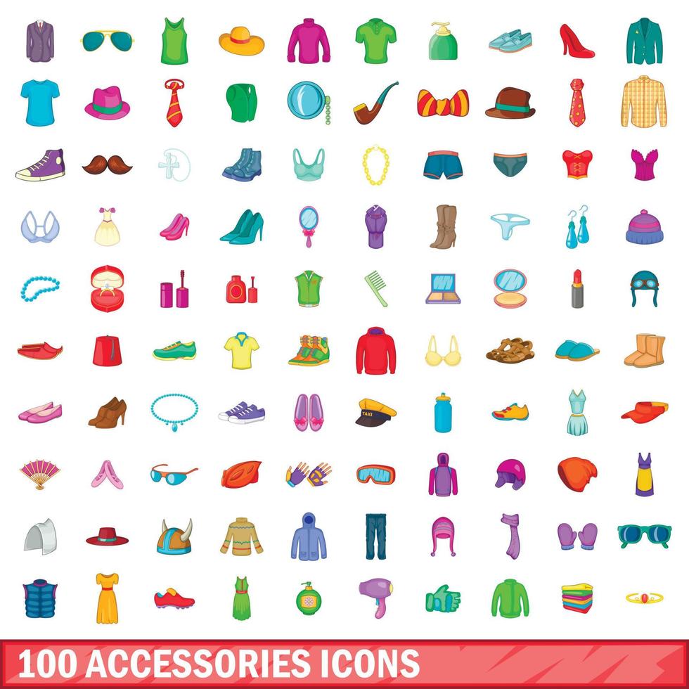 100 accessoires iconen set, cartoon stijl vector