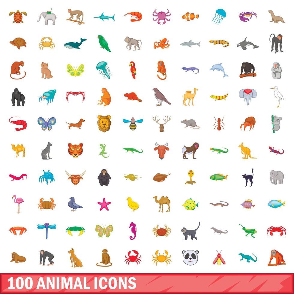 100 dieren iconen set, cartoon stijl vector