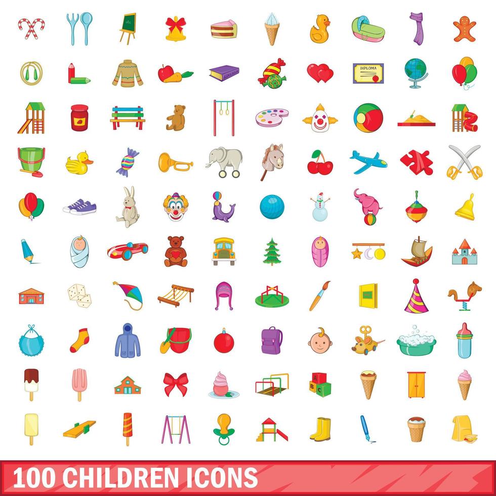 100 kinderen iconen set, cartoon stijl vector