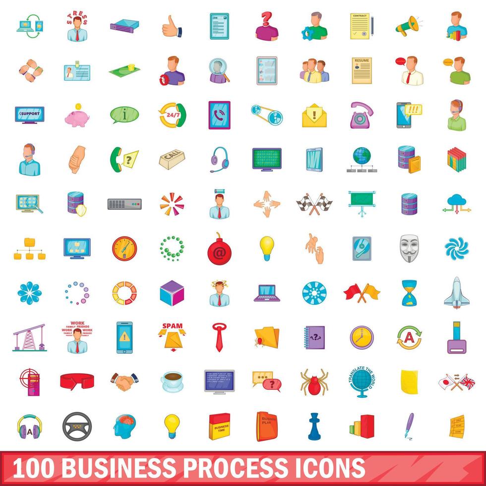 100 bedrijfsproces iconen set, cartoon stijl vector