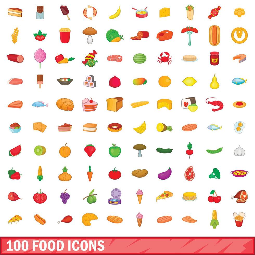 100 voedsel iconen set, cartoon stijl vector