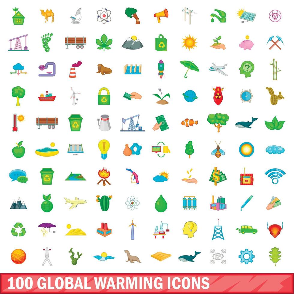 100 opwarming van de aarde iconen set, cartoon stijl vector