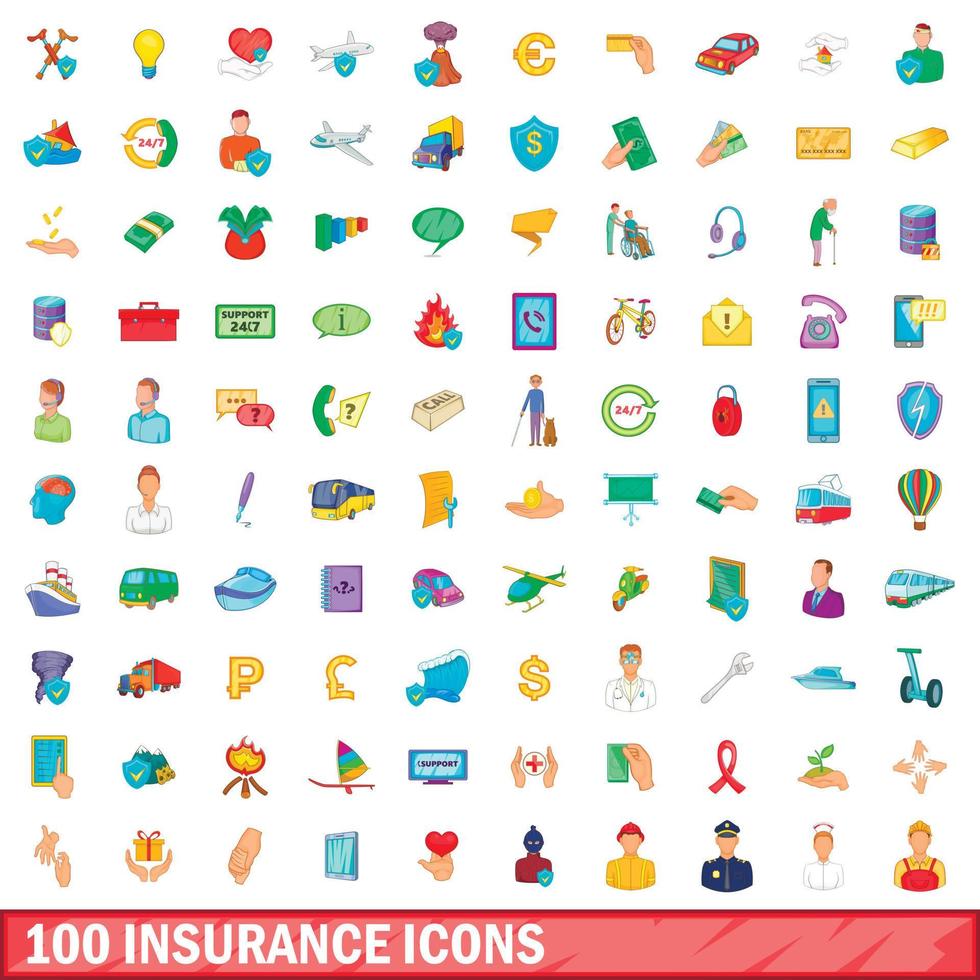 100 verzekering iconen set, cartoon stijl vector