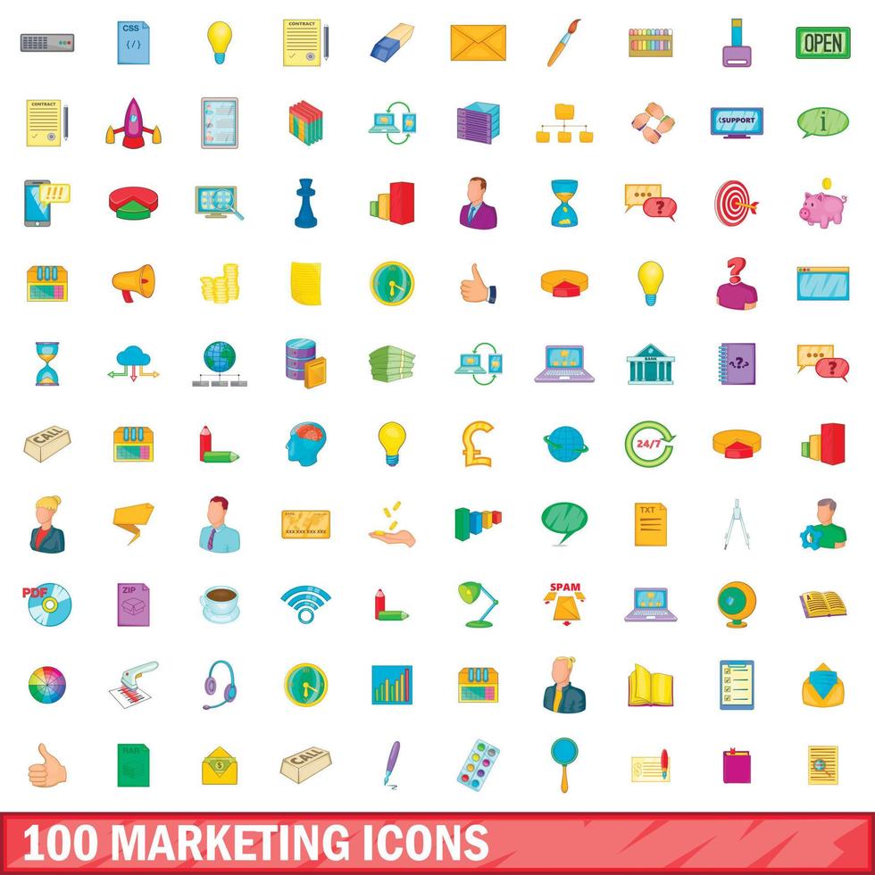 100 marketing iconen set, cartoon stijl vector