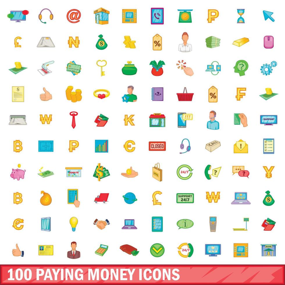 100 betalende geld iconen set, cartoon stijl vector