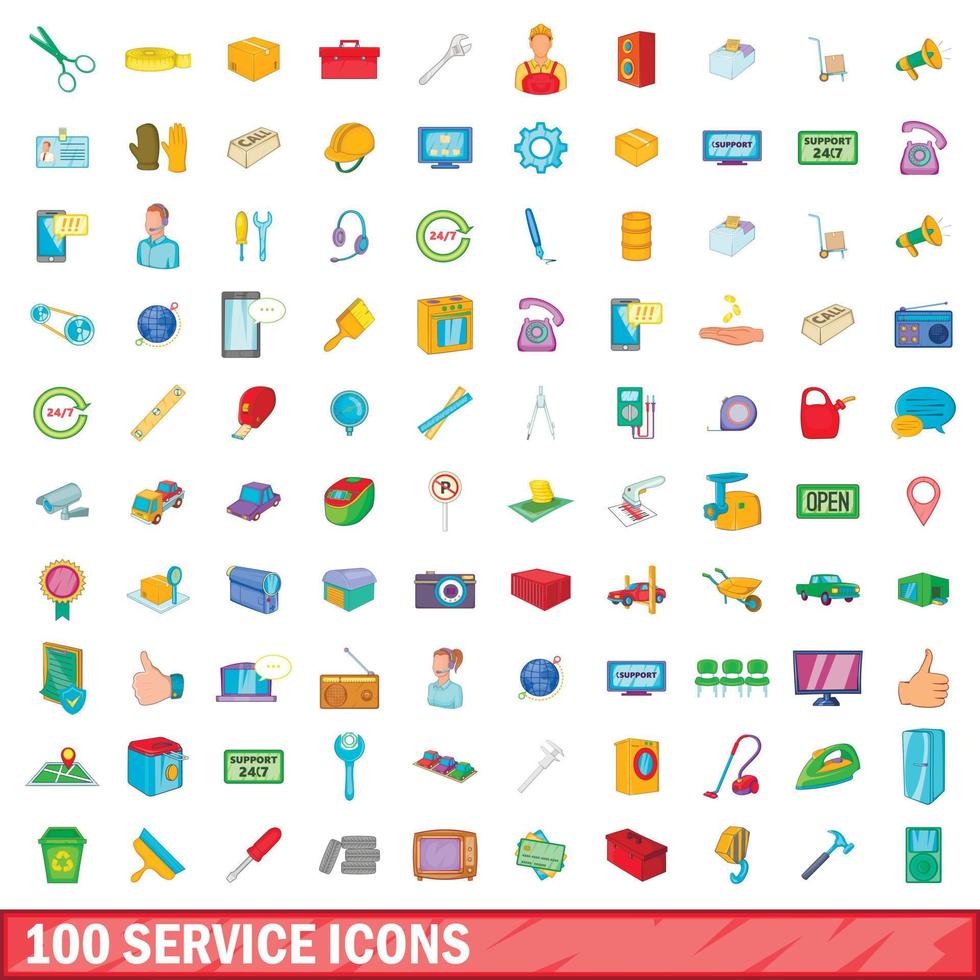 100 service iconen set, cartoon stijl vector