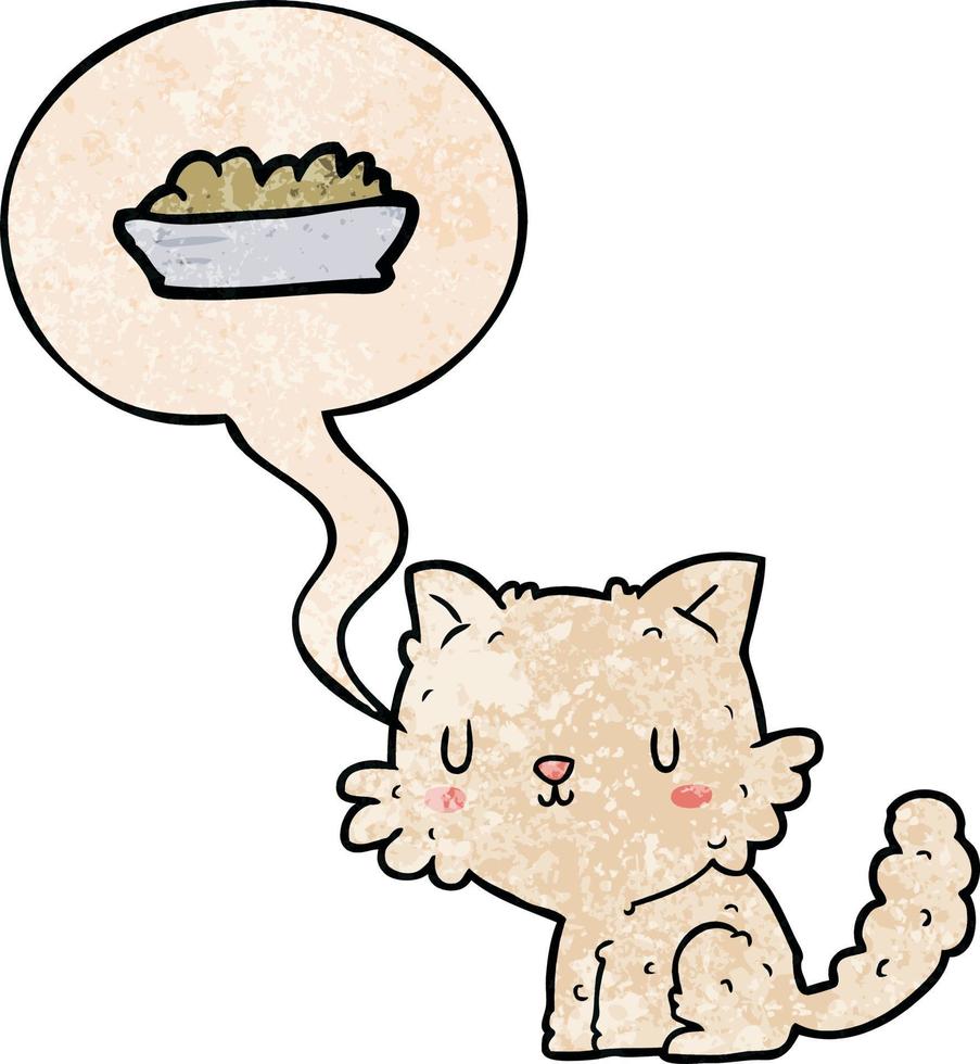schattige cartoon kat en eten en tekstballon in retro textuurstijl vector