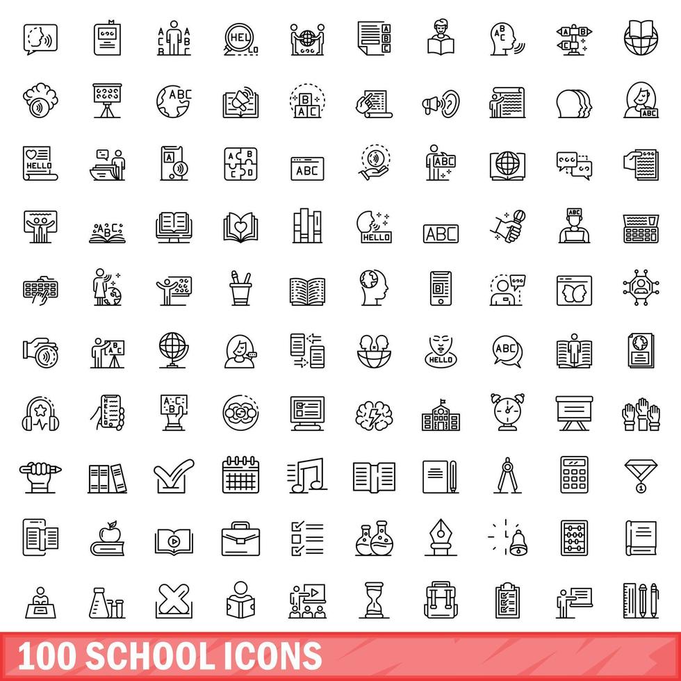 100 school iconen set, Kaderstijl vector