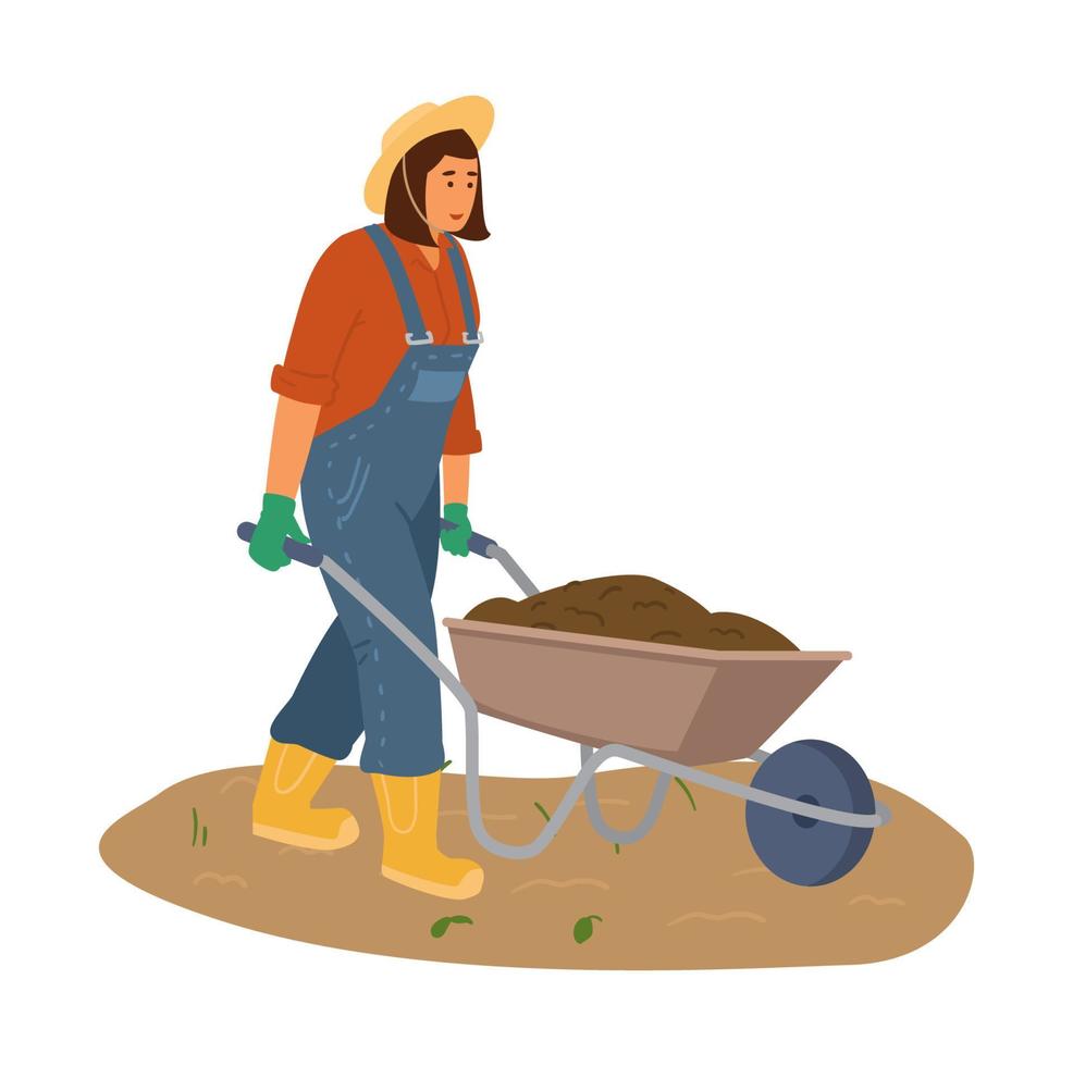 vrouw boer in overall en strohoed met kruiwagen met de grond. vectorillustratie. vector