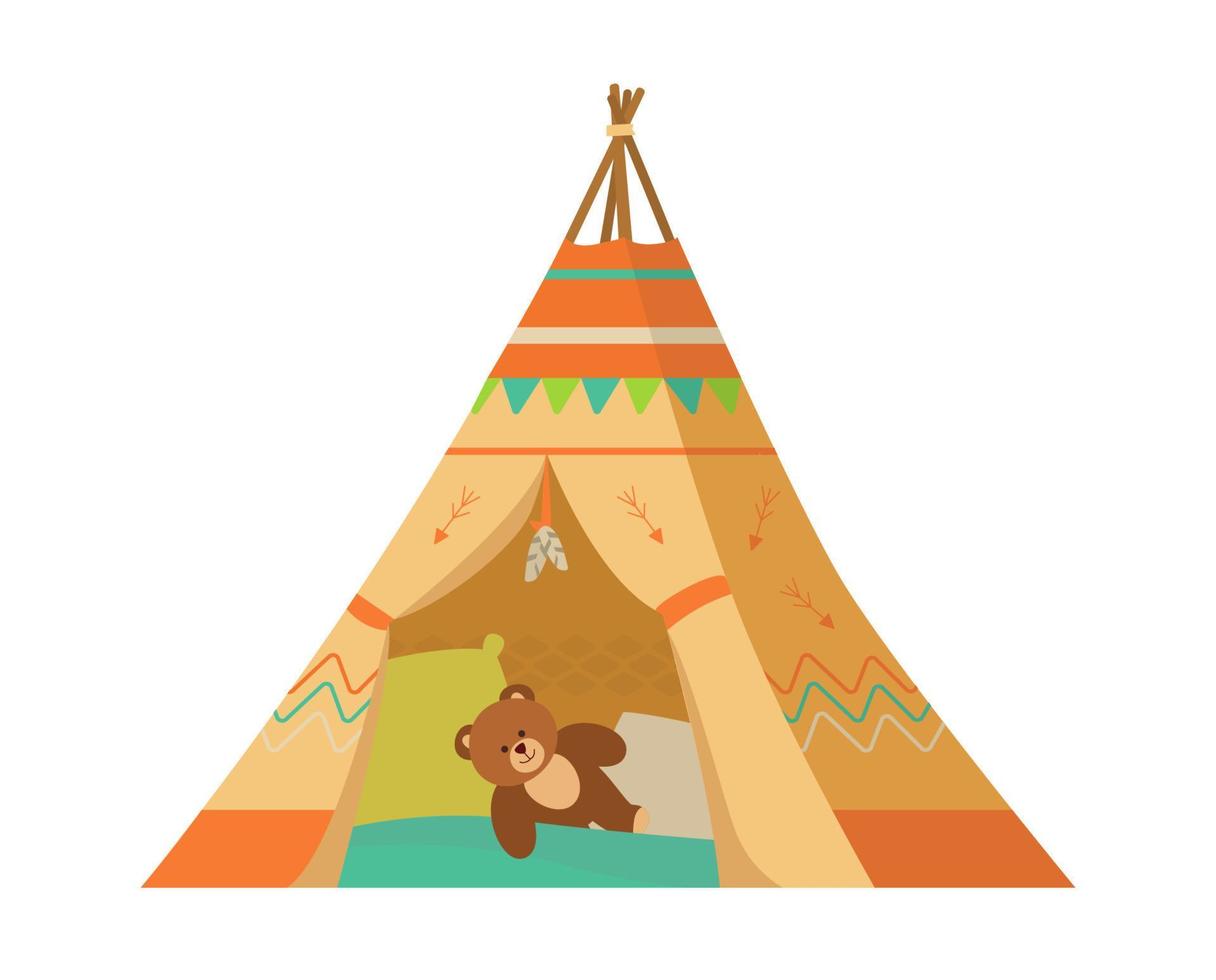 wigwam met kussens en teddybeer in platte vectorillustratie. kinderkamer interieurelement. geïsoleerd op wit. vector