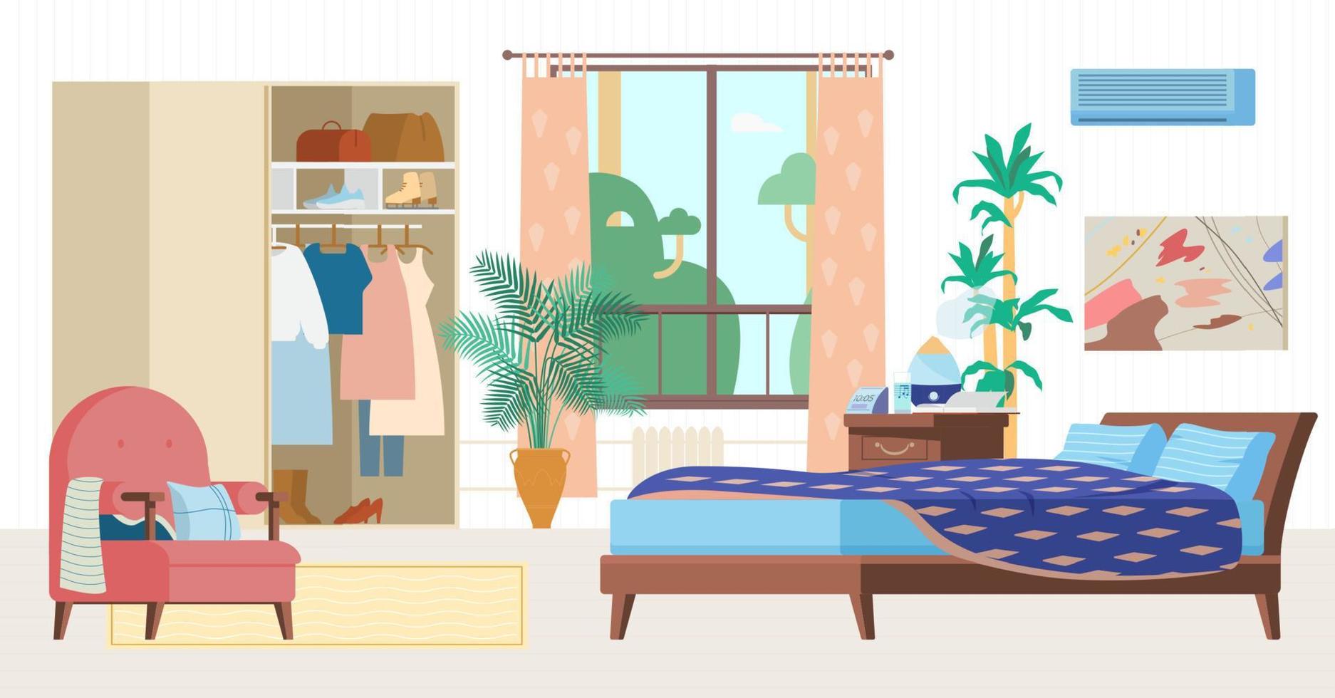 gezellige slaapkamer interieur platte vectorillustratie. houten meubilair, bed, fauteuil, kledingkast met kleding, raam, nachtkastje met luchtbevochtiger, klok, planten. vector