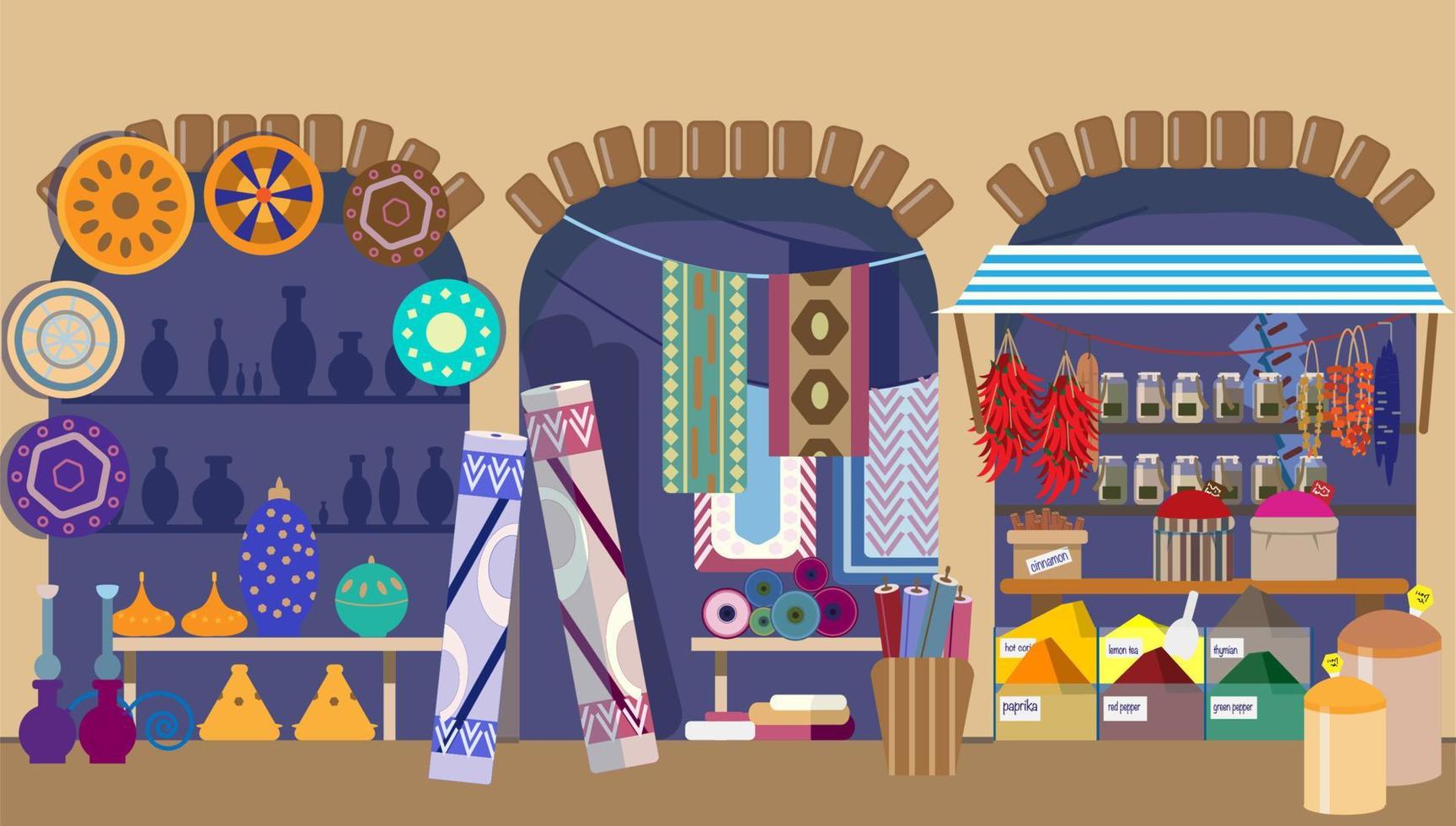 Aziatische straatmarkt met aardewerk, tapijten en kruidenwinkels. Indiase bazaar. platte vectorillustratie. vector