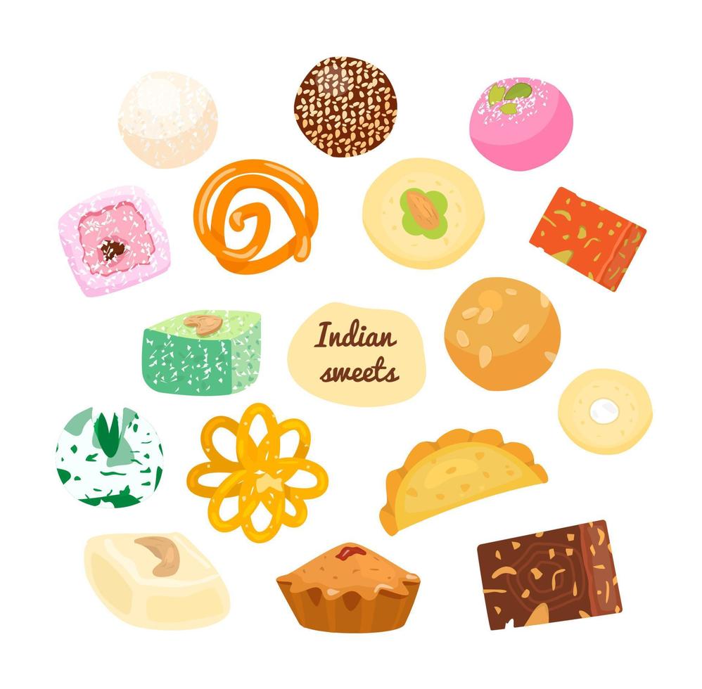 vector set van traditionele Indiase zoetigheden. laddu, gujiya, sandesh, gulab jamun, jalebi, rasgulla en anderen.