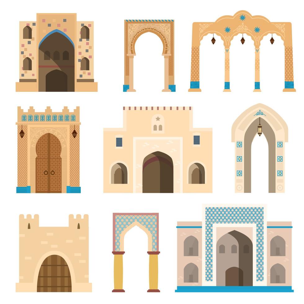 islamitische poorten en bogen versierd met mozaïeken, lantaarns, zuilen. oude architectuurelementen. platte vectorillustratie geïsoleerd op wit. vector