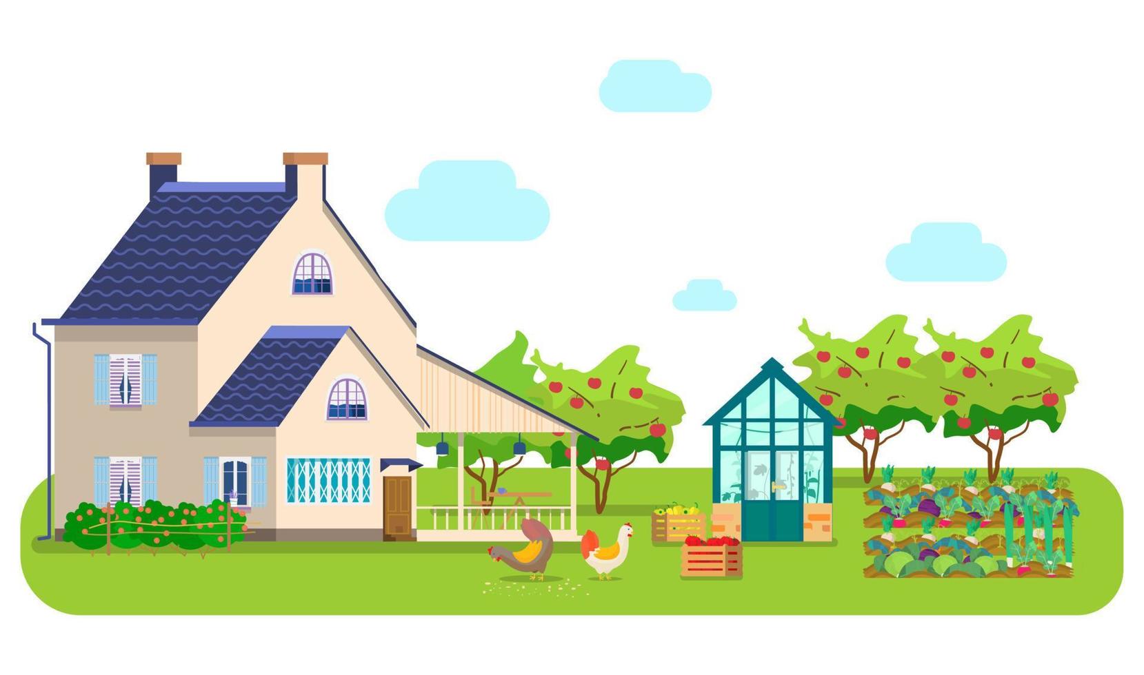 vectorillustratie van platteland scène. landhuis, serre, kippen die graan pikken, houten kisten met groenten, groentebedden, appelboomgaard. vector