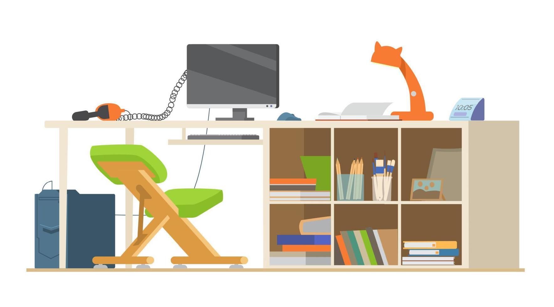 school kind of student werkplek platte vectorillustratie. bureau met computer, knielende stoel, koptelefoon, boeken en schoolbenodigdheden, lamp. vector