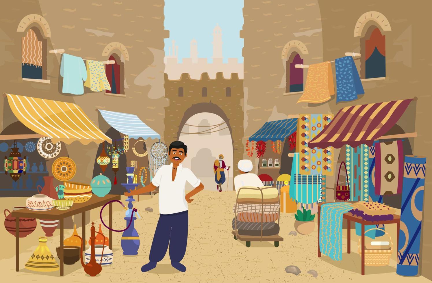 vectorillustratie van Indiase straatbazaar met mensen en winkels. keramiek, tapijten en stoffen, specerijen, sieraden. Aziatische straatmarkt met authentieke goederen. vector