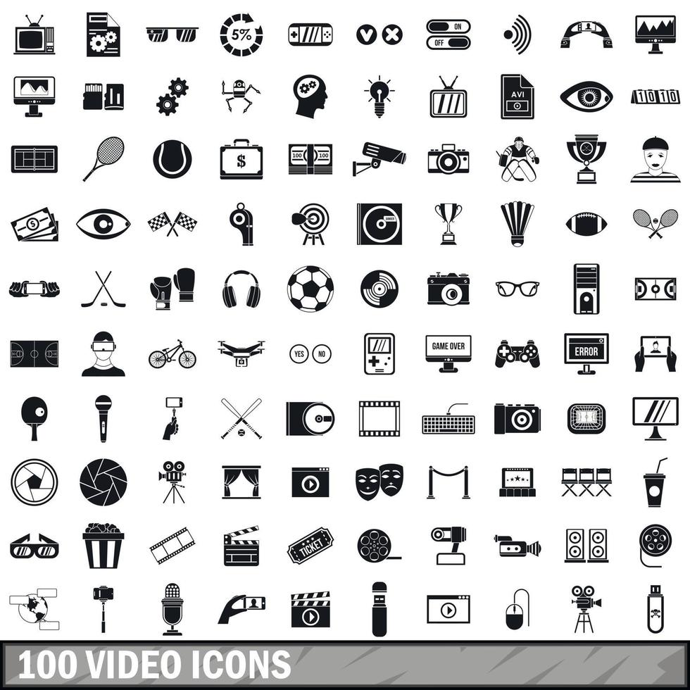 100 video iconen set, eenvoudige stijl vector