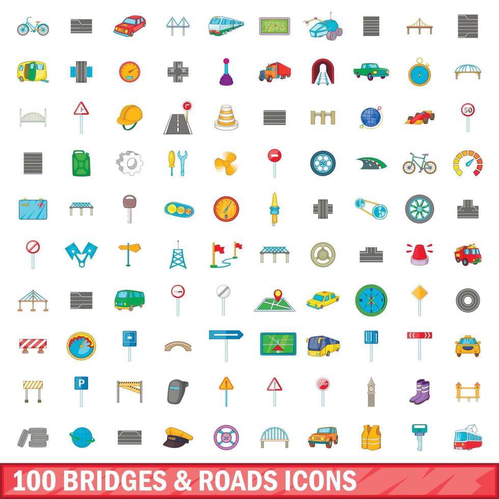 100 bruggen en wegen iconen set, cartoon stijl vector