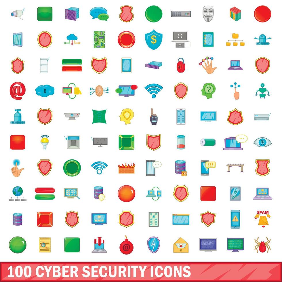 100 cyberbeveiliging iconen set, cartoon stijl vector