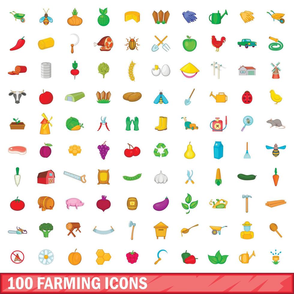 100 landbouw iconen set, cartoon stijl vector