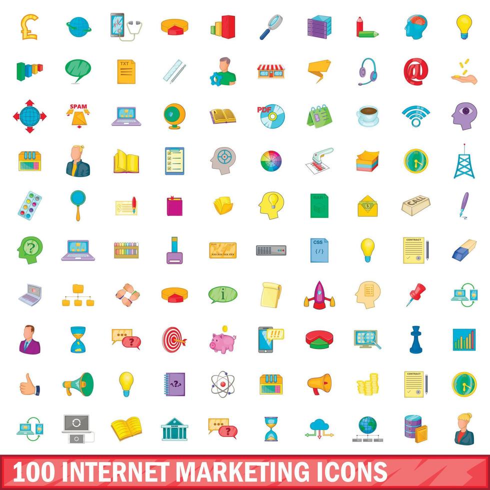 100 internetmarketing iconen set, cartoon stijl vector