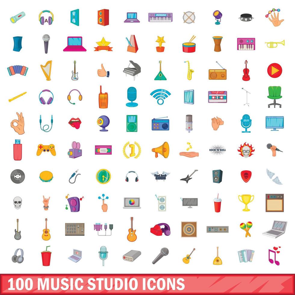 100 muziekstudio iconen set, cartoon stijl vector