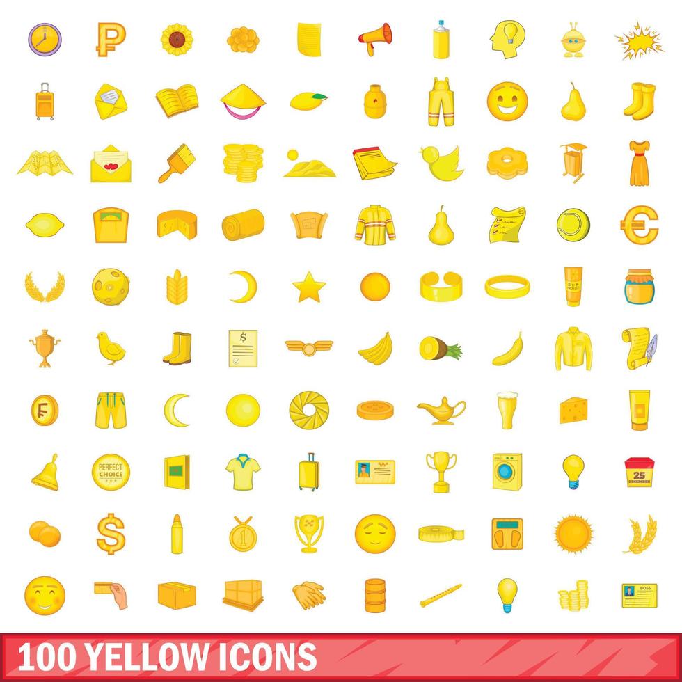 100 gele iconen set, cartoon stijl vector