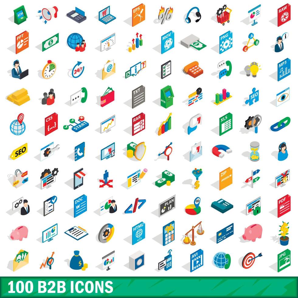 100 b2b iconen set, isometrische 3D-stijl vector