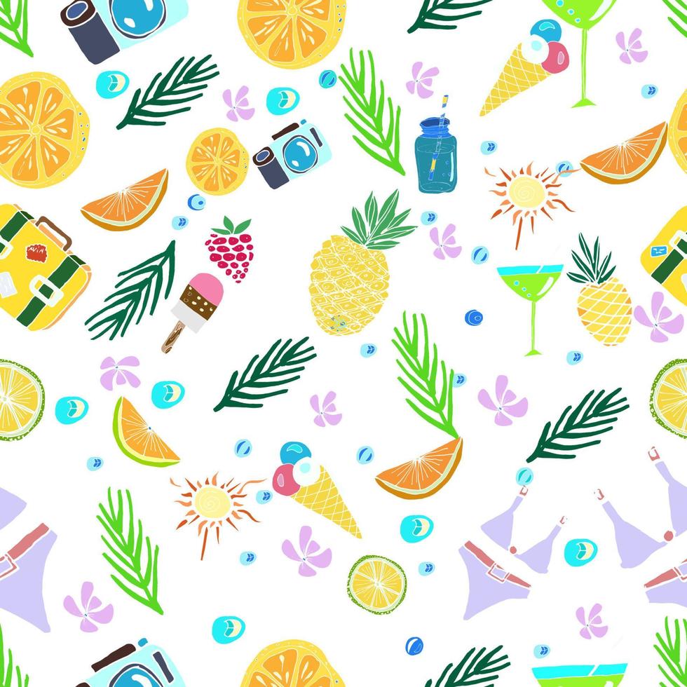 schattig zomervakantie naadloos patroon. vers fruit, ananas, sinaasappels, citrus, zonneschijn, camera, palmbladeren, ijs, zwempak, koffer. kleurrijke heldere vectorillustratie. vector
