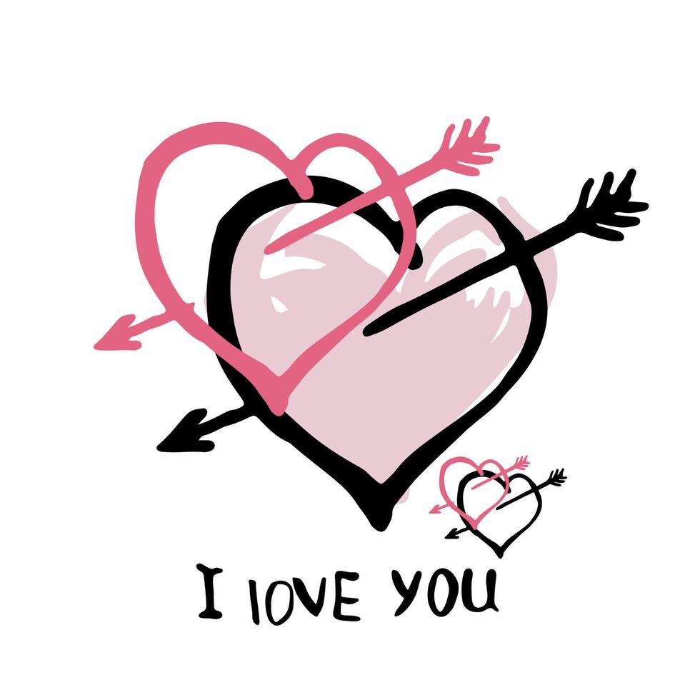 Valentijnsdag wenskaart. harten en pijlen en tekst ik hou van je. vectorillustratie. vector