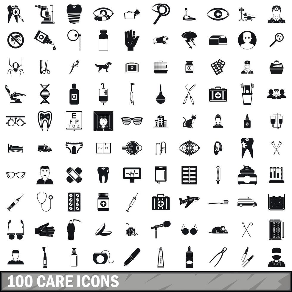 100 zorg iconen set, eenvoudige stijl vector