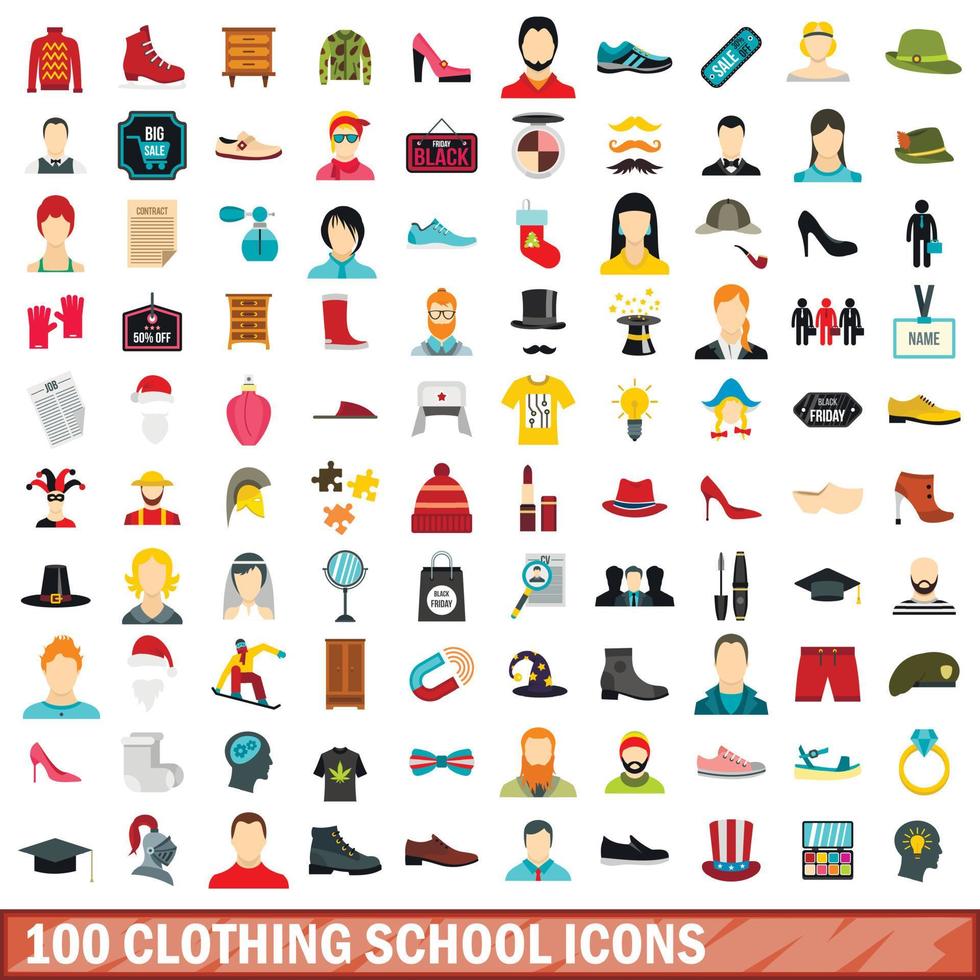 100 kleding school iconen set, vlakke stijl vector