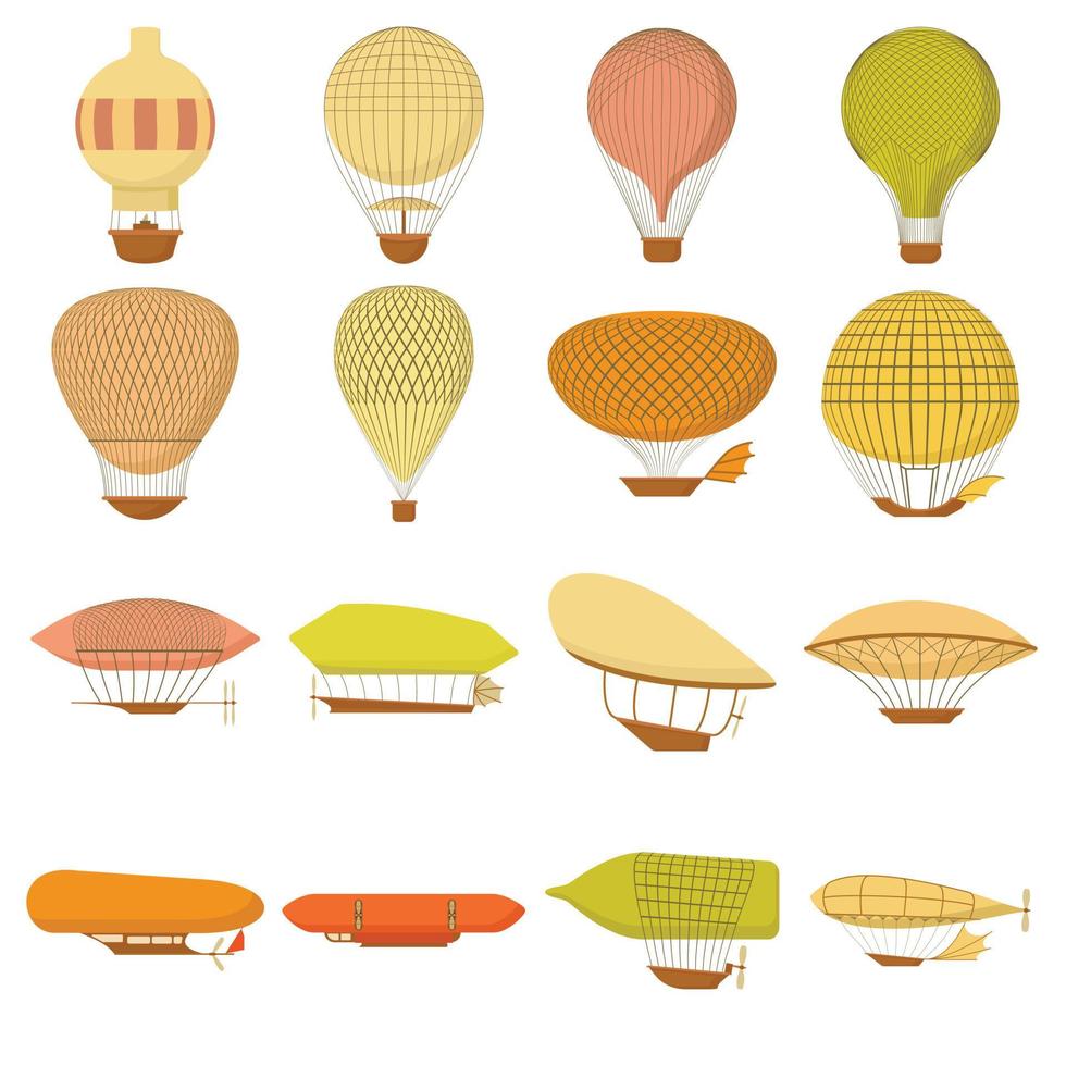 luchtschip ballonnen iconen set, cartoon stijl vector