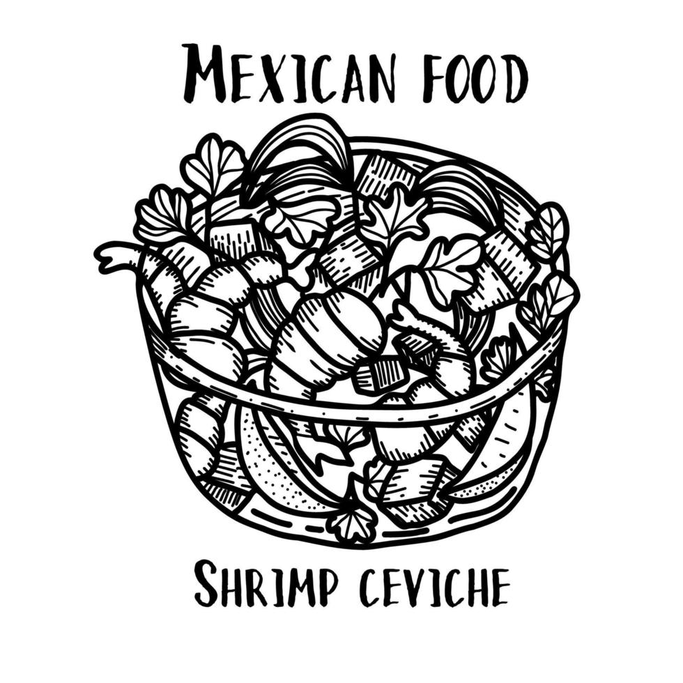 Mexicaans eten garnalen ceviche. hand getekend zwart-wit vectorillustratie in doodle stijl. vector