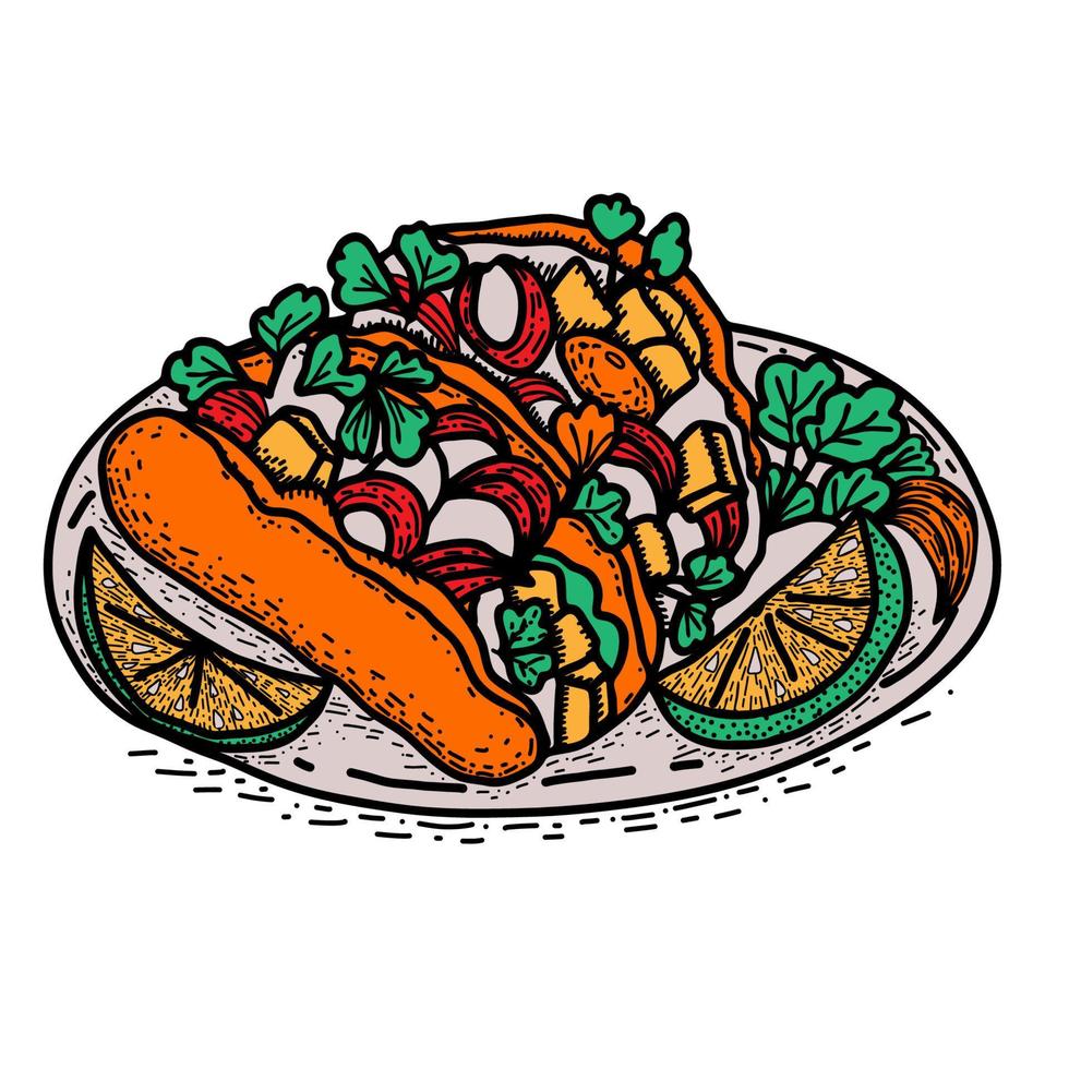 Mexicaans eten castacan taco's. hand getekende vectorillustratie in doodle stijl. vector