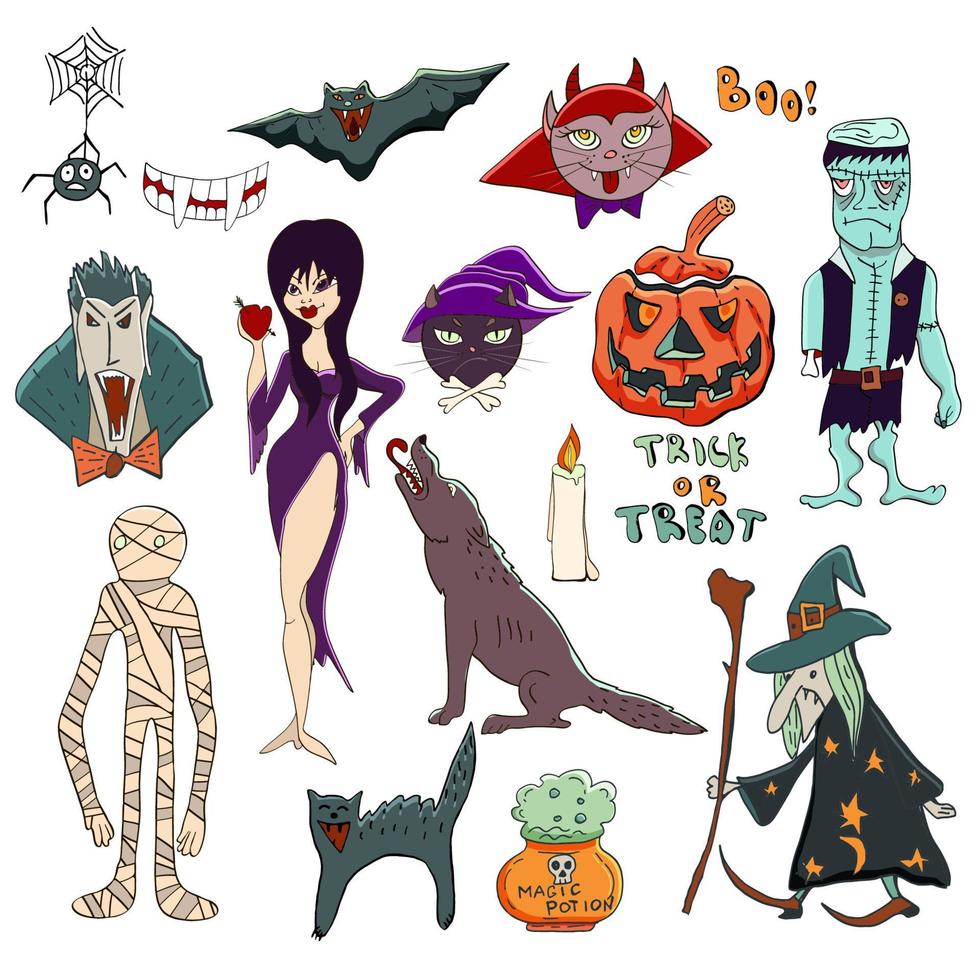 vector halloween-set. halloween-personages zoals vampier dracula, oude heks, pompoen jack o lantern, weerwolf, elvira meesteres van het donker, mummie, frankenstein, zwarte kat, vleermuis, spin.